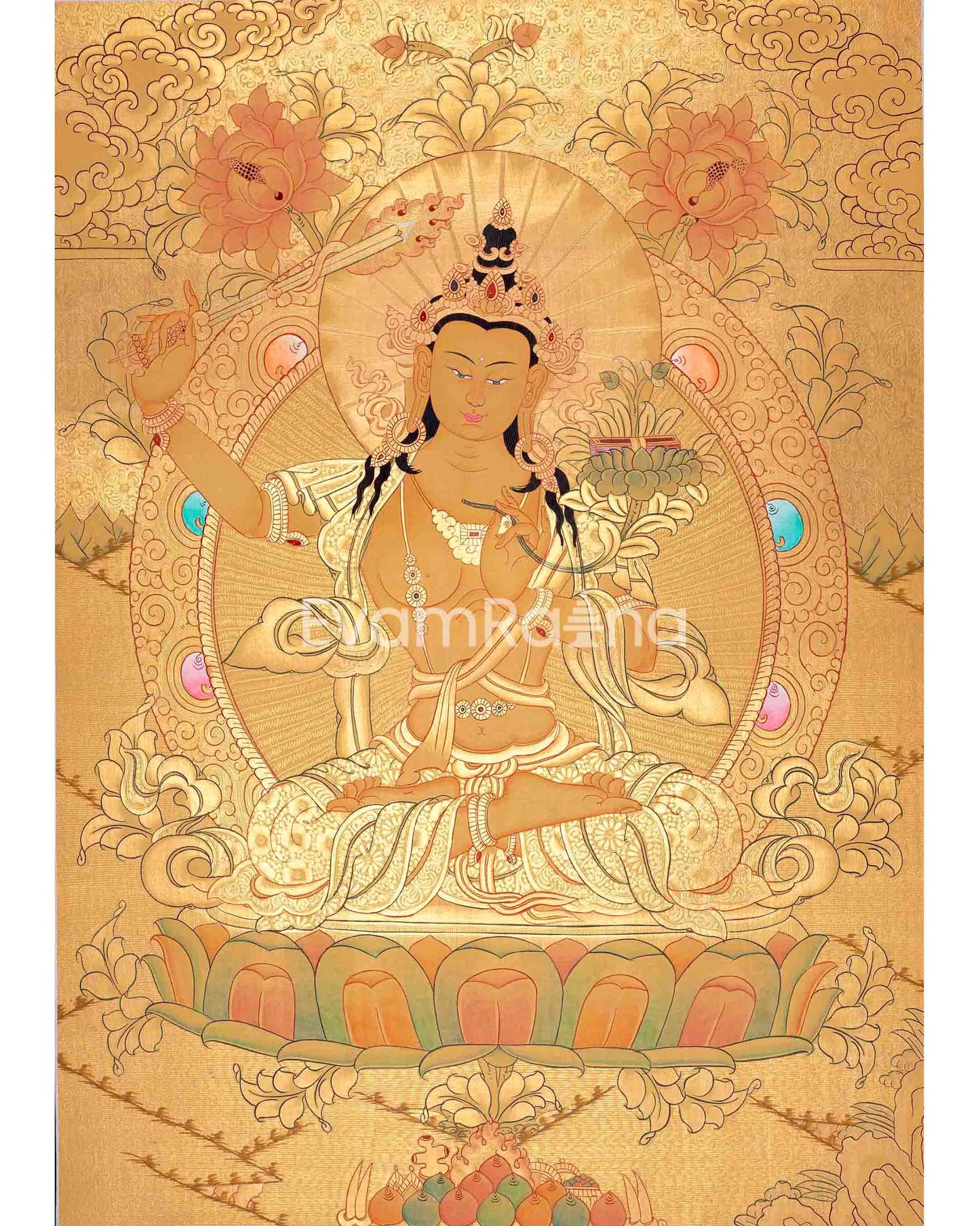 Shree Manjushri Full 24K Gold Style Thangka | Manjushree Thangka