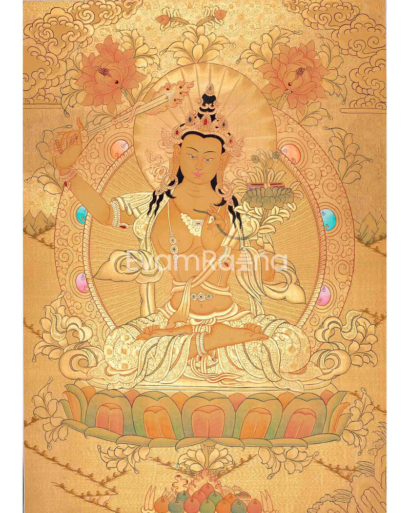 Shree Manjushri Full 24K Gold Style Thangka | Manjushree Thangka