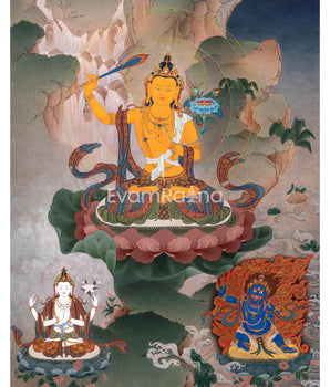 Manjushri with Chenrezig and Vajrapani Thangka