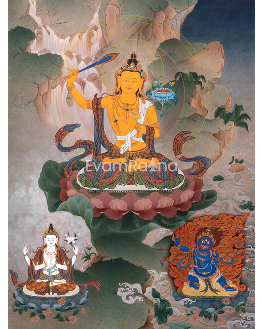 Manjushri with Chenrezig and Vajrapani Thangka