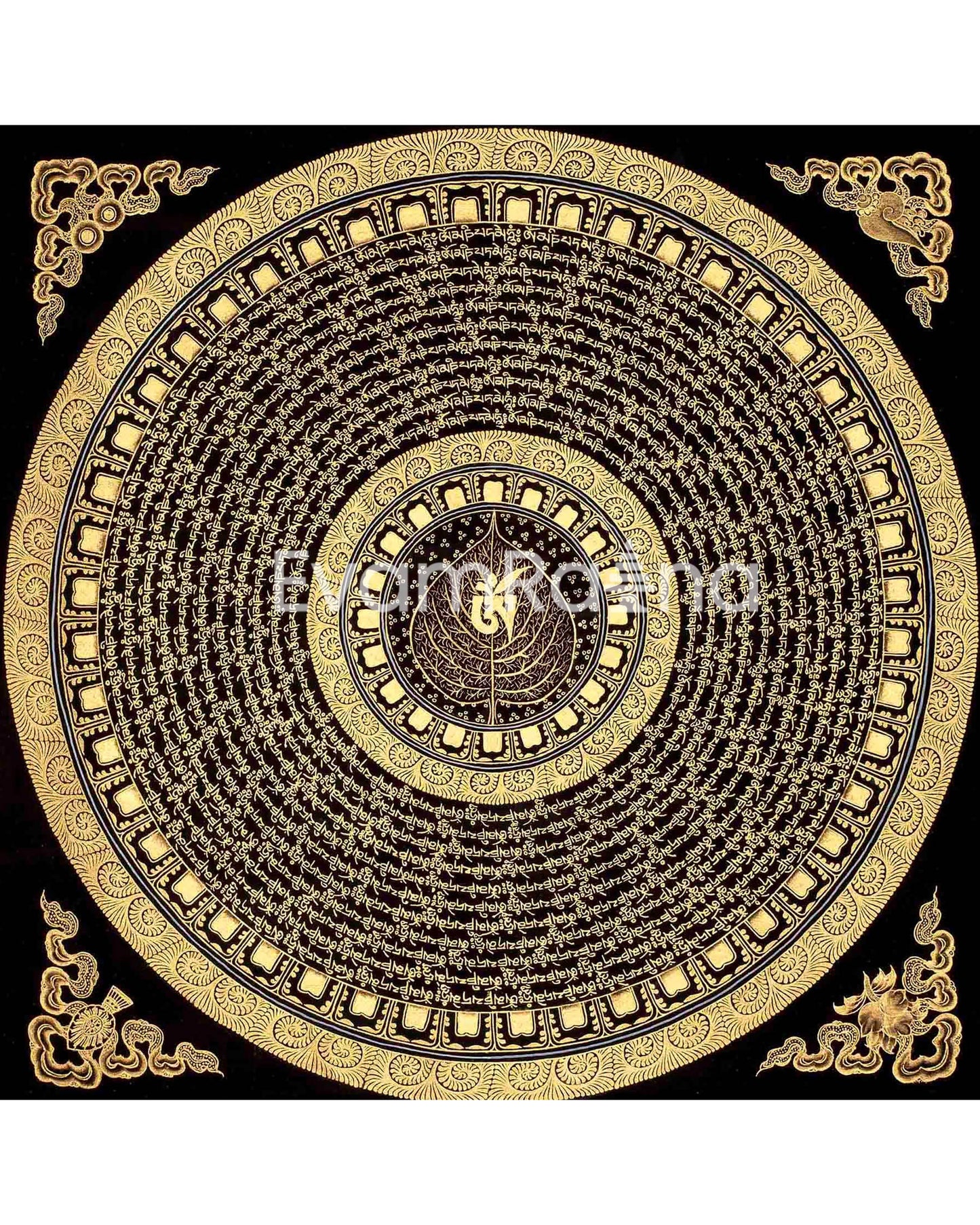 Mantra Mandala Thangka | Genuine Hand Painted Om Mani Padme Hum Painting Art | Wall Hanging Decor | Black And Gold Style Mandala