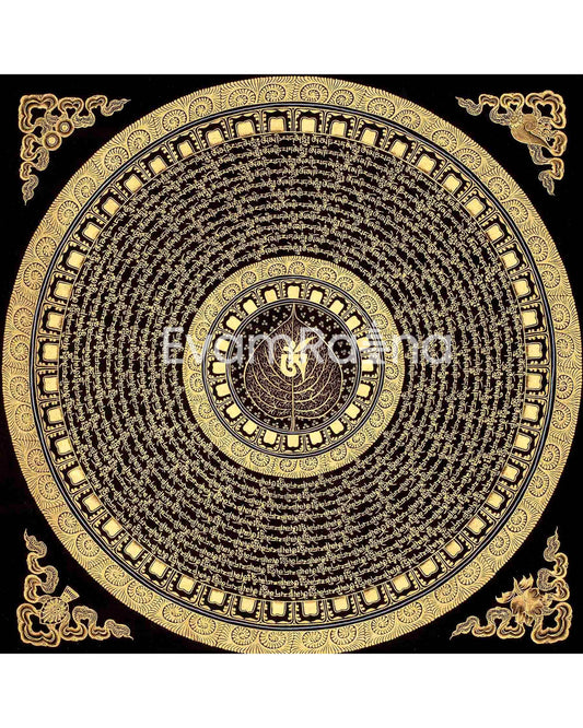 Mantra Mandala Thangka | Genuine Hand Painted Om Mani Padme Hum Painting Art | Wall Hanging Decor | Black And Gold Style Mandala