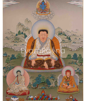 Guru Marpa, Milarepa, and Je Tsongkhapa Thangka | Tibetan Buddhist Masters Artwork