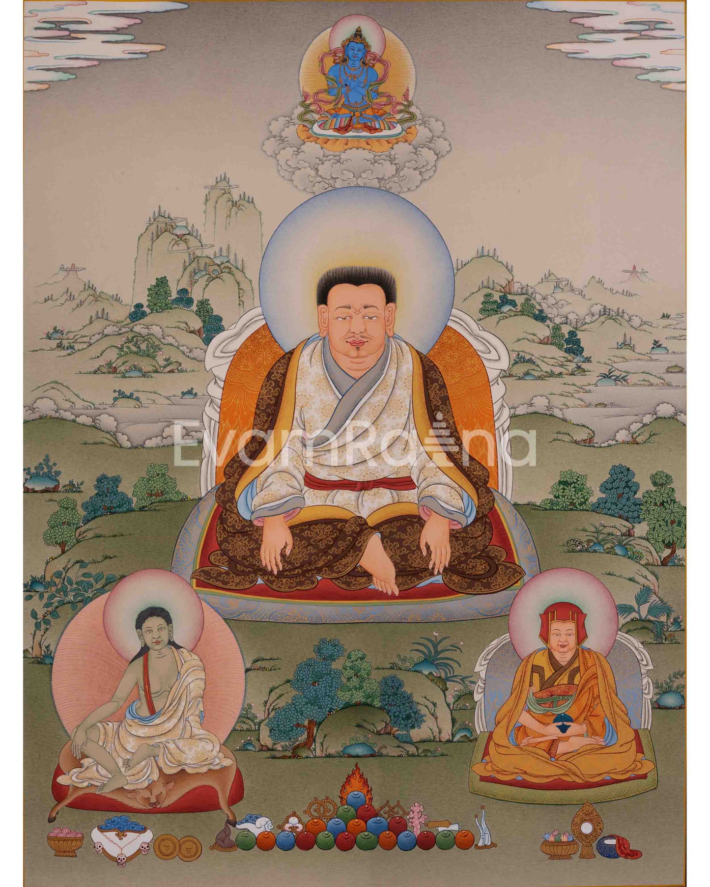 Guru Marpa, Milarepa, and Je Tsongkhapa Thangka | Tibetan Buddhist Masters Artwork