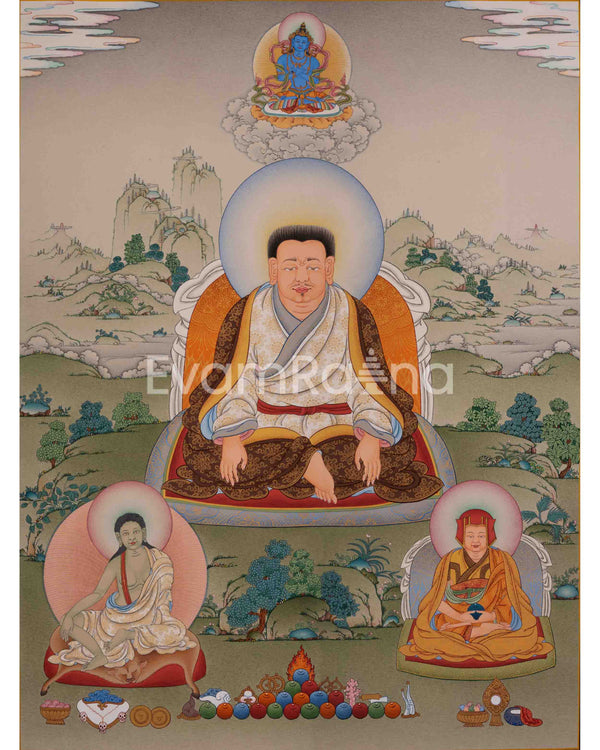 Guru Marpa, Milarepa, and Je Tsongkhapa Thangka | Tibetan Buddhist Masters Artwork