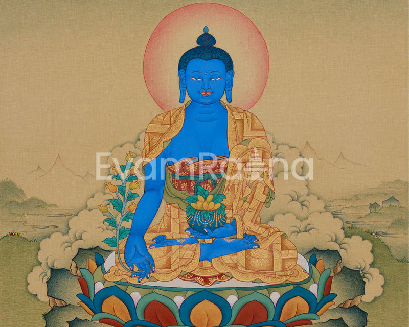 Bhaisajyaguru, The Healing Buddha | Blue Buddha Thangka with Healing Herb