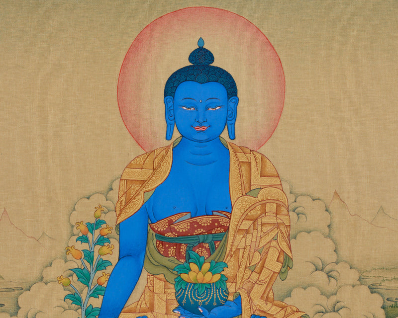 Bhaisajyaguru, The Healing Buddha | Blue Buddha Thangka with Healing Herb