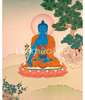 Buddhist Art: Lapis Lazuli Medicine Buddha Thangka Print for Meditation