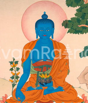 Buddhist Art: Lapis Lazuli Medicine Buddha Thangka Print for Meditation