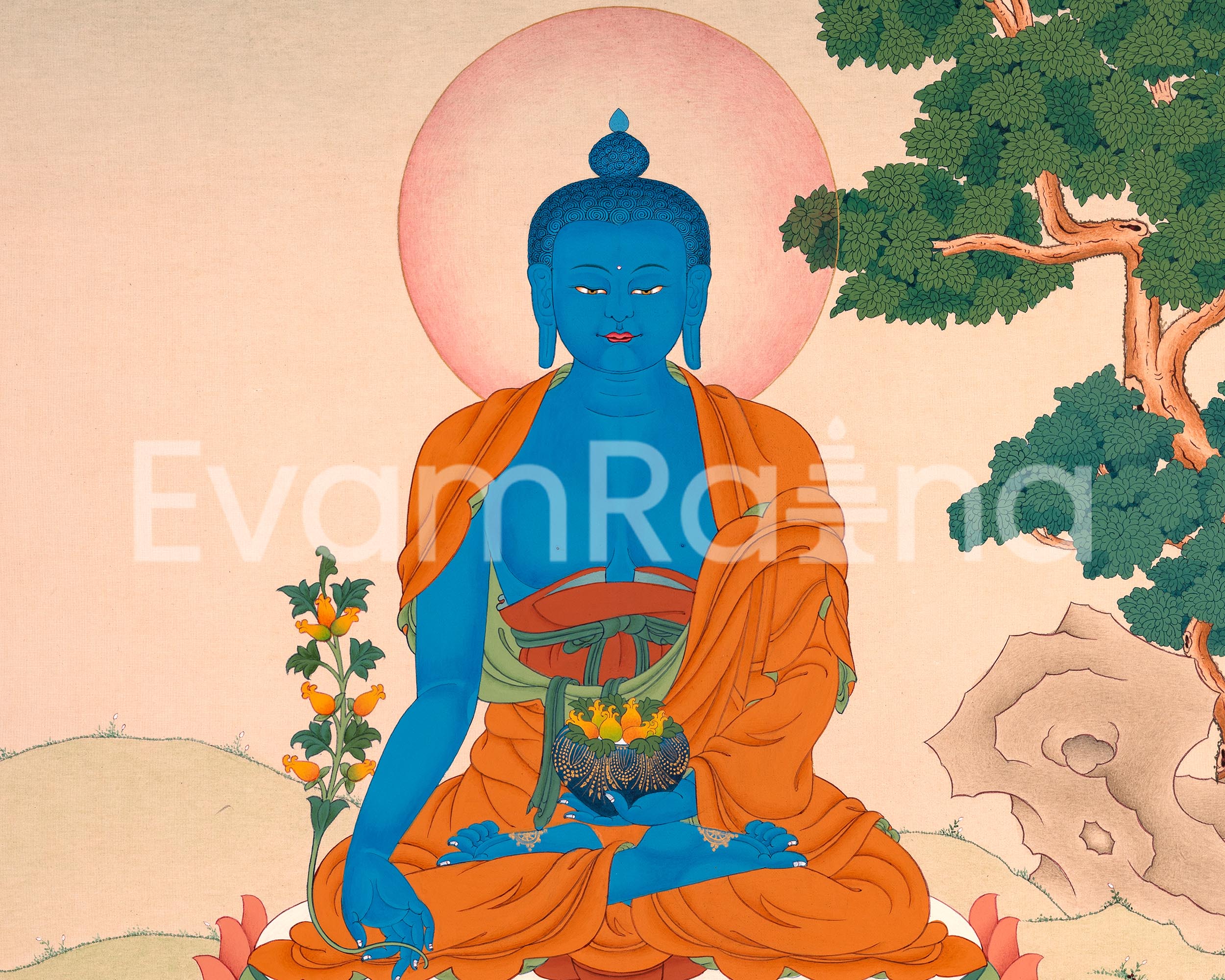Buddhist Art: Lapis Lazuli Medicine Buddha Thangka Print for Meditation