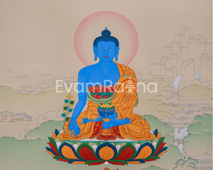 Lapis Lazuli Medicine Buddha Thangka | Healing and Compassion Through Sacred Art