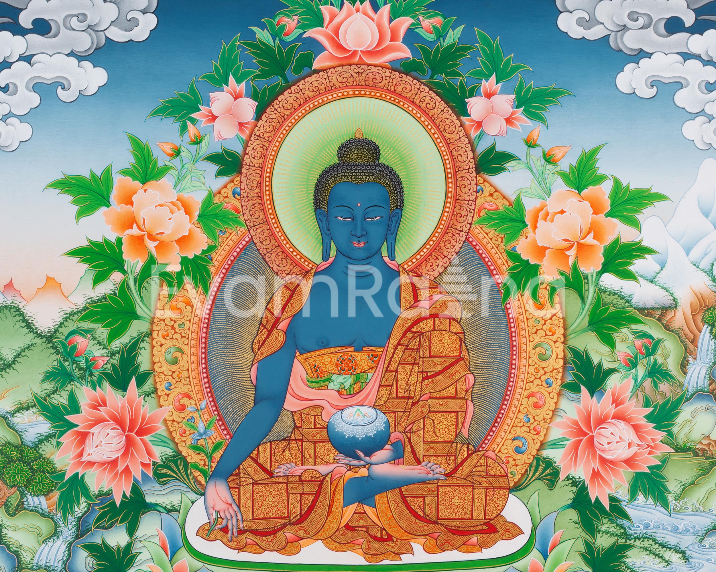 Healing Medicine Buddha Thangka | Buddhist Lapis Lazuli Deity