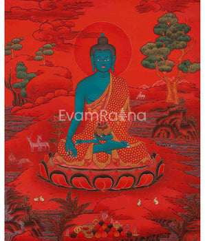 Medicine Buddha Thangka with Red Background | Bhaisajyaguru Original Hand-Painted Tibetan Healing Art |