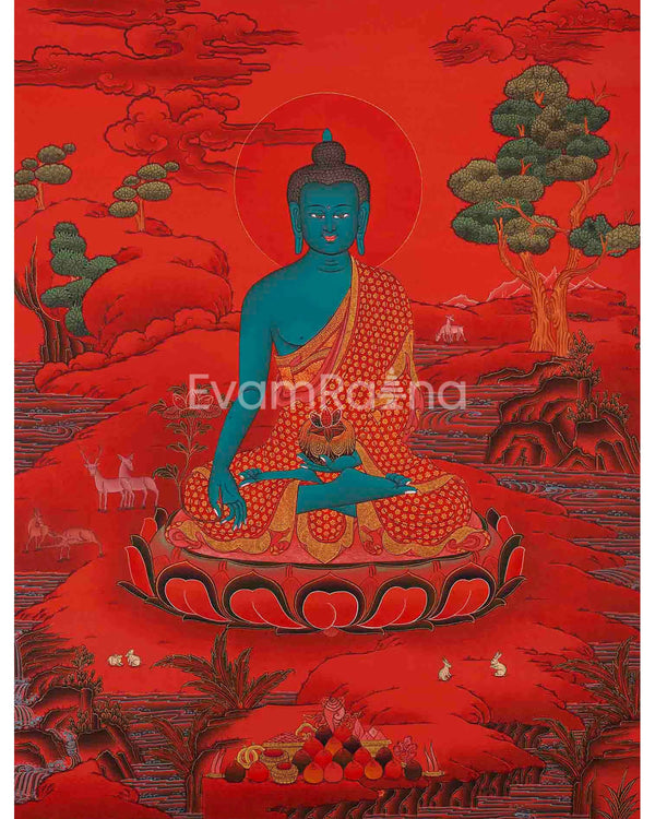 Medicine Buddha Thangka with Red Background | Bhaisajyaguru Original Hand-Painted Tibetan Healing Art |