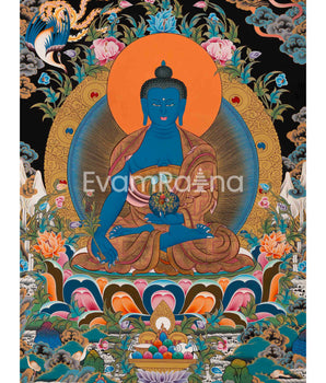 Original Hand Painted 24 Carat Gold Black and  Gold Medicine Buddha Thangka Painting Done By Senior Nepali Artist For Healing Sickness