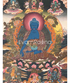 Medicine Budhha Flanked By Bodhisattvas,Mahakala And Manjushree | Original Hand-Painted Tibetan Thangka |