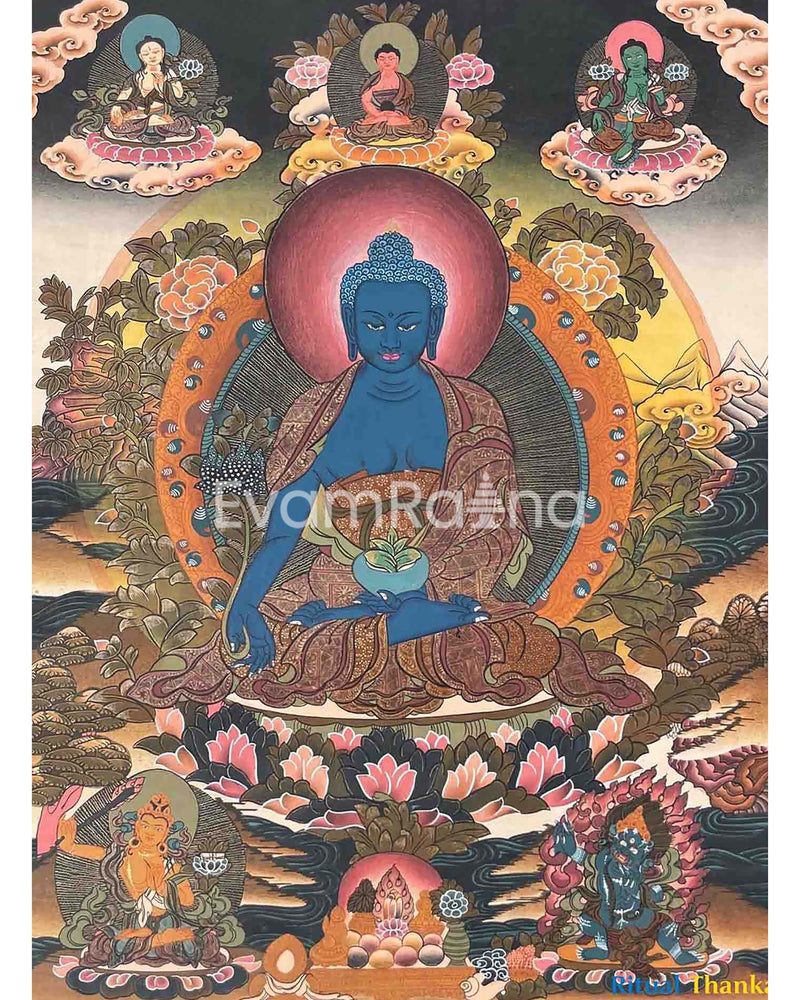 Medicine Budhha Flanked By Bodhisattvas,Mahakala And Manjushree | Original Hand-Painted Tibetan Thangka |