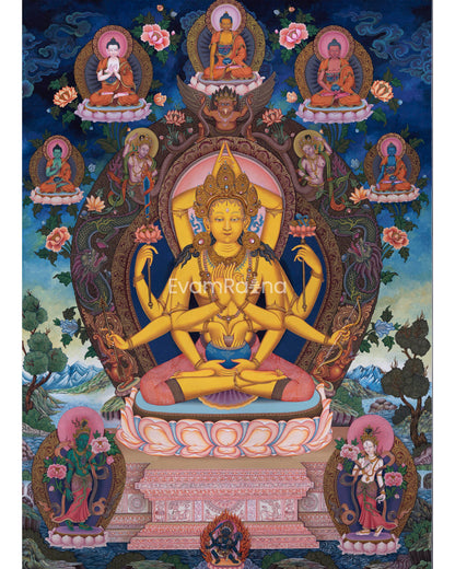 Manjushri Namasangiti With 12 Arms In Newari Print | Himalayan Bodhisattva Of Wisdom Pauba Print