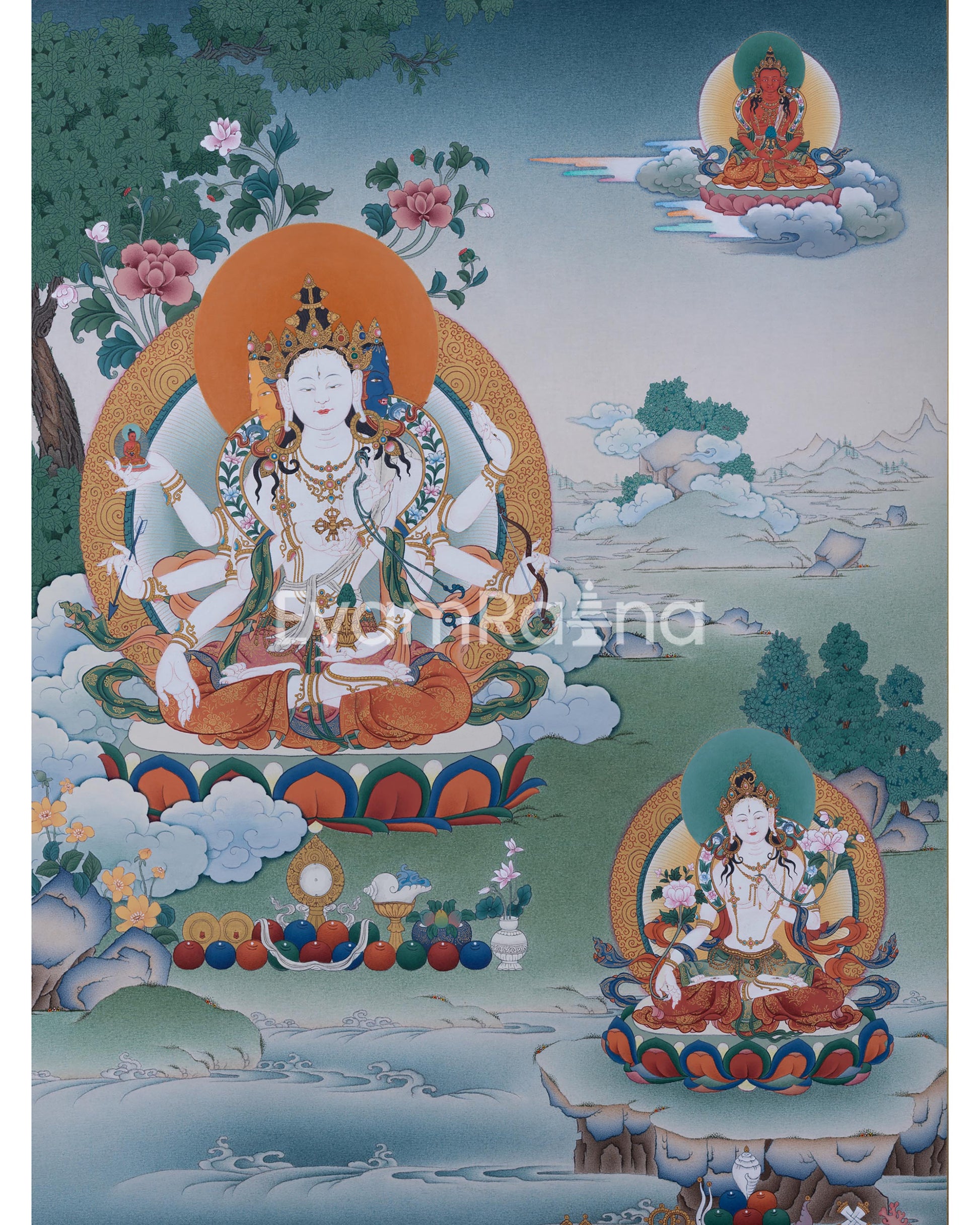 Namgyalma With Amitayus and White Tara Thangka Print