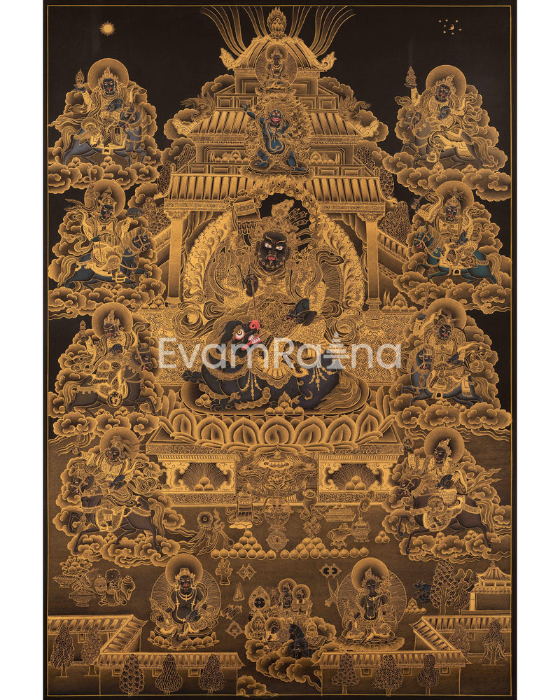 Yellow jambala Thangka, High Quality Giclee Canvas Print Digital Print, Black and Gold Thangka