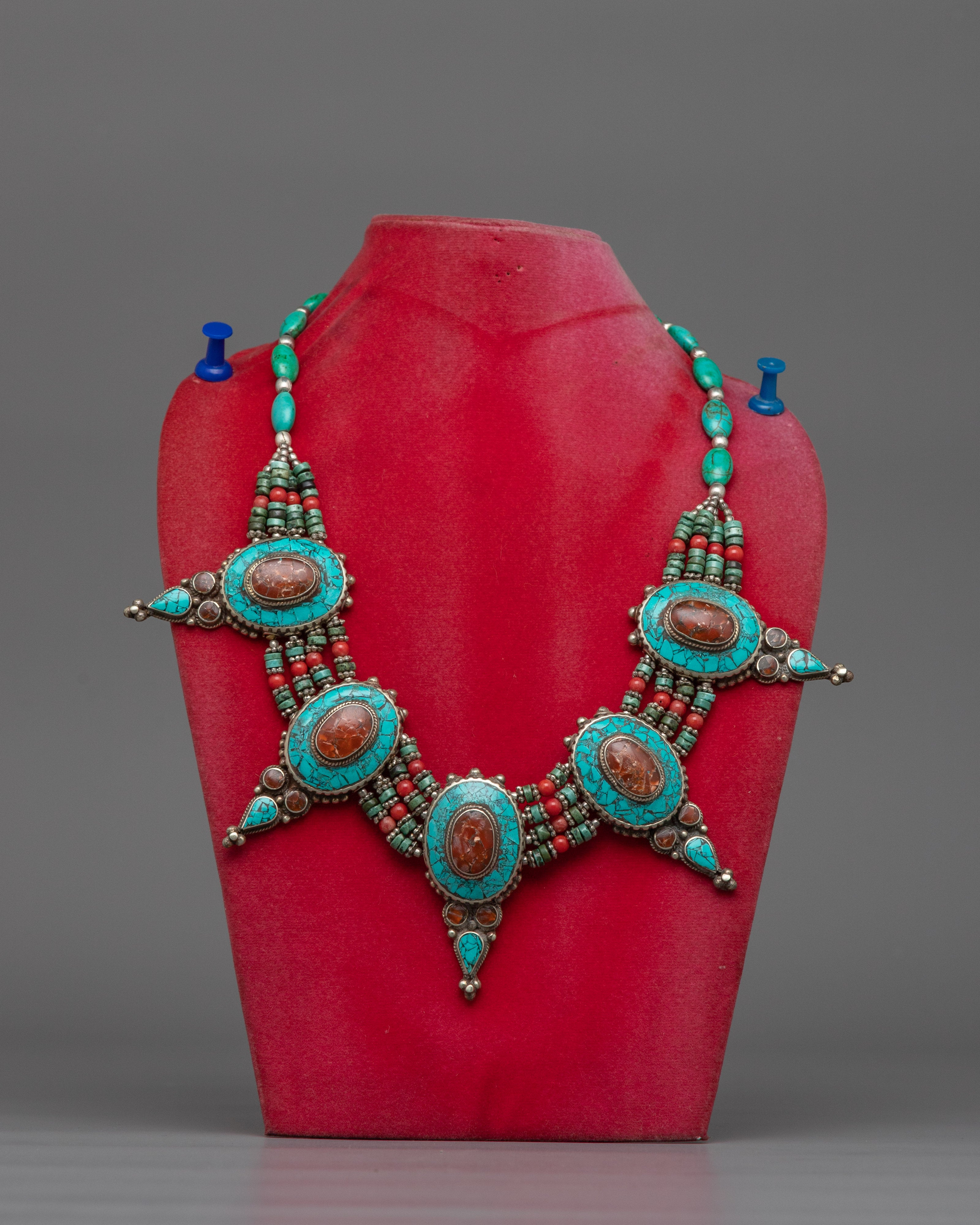 Tibetan-Style Traditional Necklace | Turquoise & Coral Inlays
