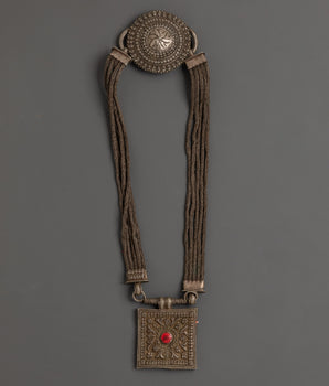 Handcrafted Tribal Necklace | Silver Pendant with Red Coral Gemstone