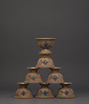 Handcrafted Tibetan Copper Offering Bowl Set | Filigree Bowls with Turquoise Inlay