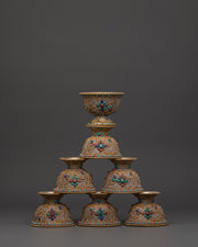 Handcrafted Tibetan Copper Offering Bowl Set | Filigree Bowls with Turquoise Inlay