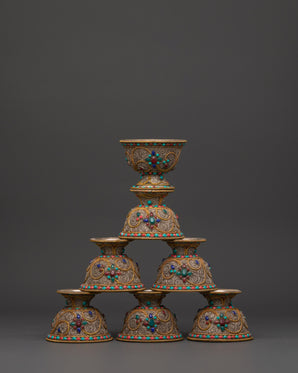 Handcrafted Tibetan Copper Offering Bowl Set | Filigree Bowls with Turquoise Inlay