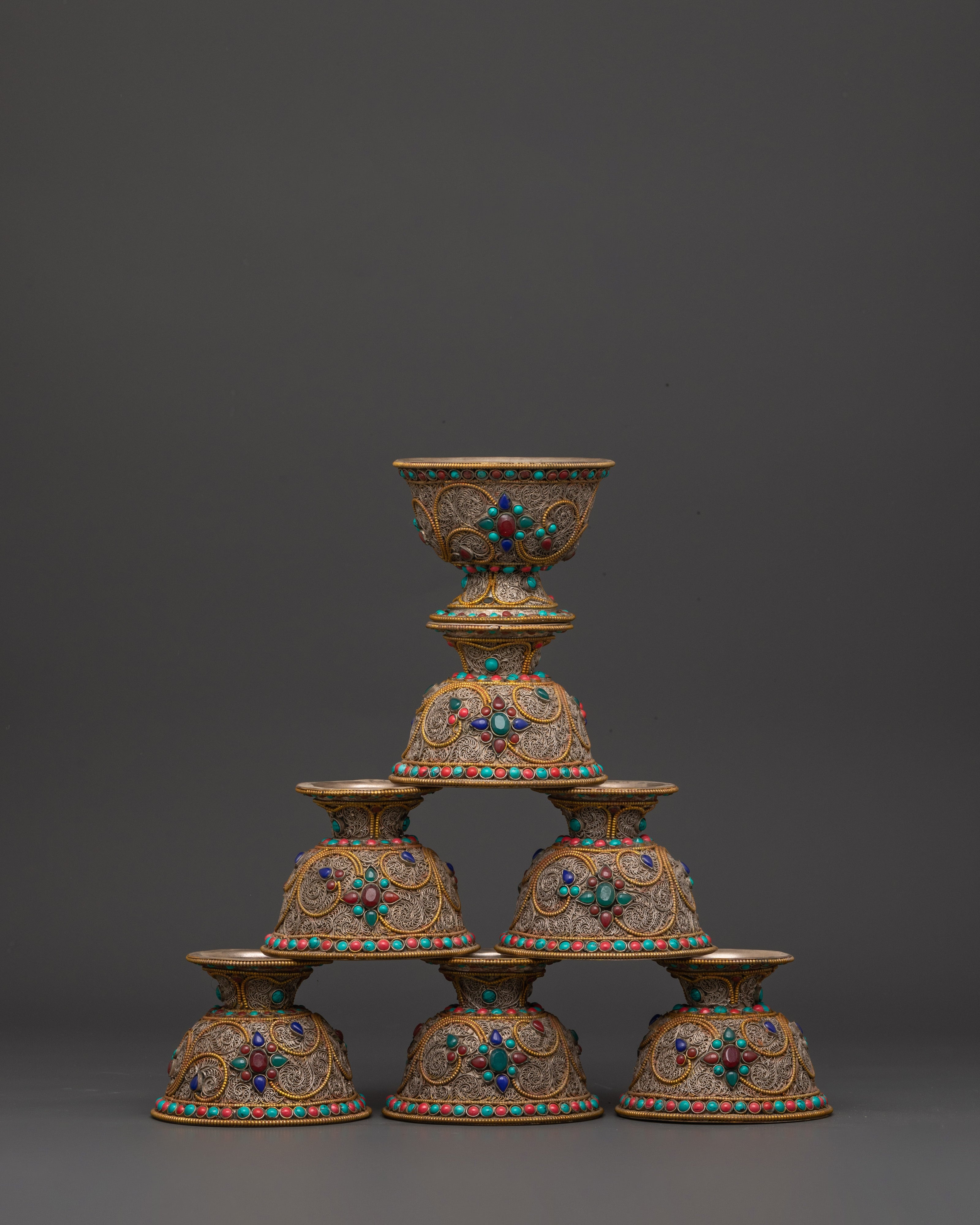 Handcrafted Tibetan Copper Offering Bowl Set | Filigree Bowls with Turquoise Inlay