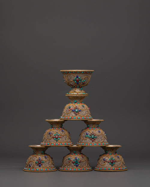 Handcrafted Tibetan Copper Offering Bowl Set | Filigree Bowls with Turquoise Inlay