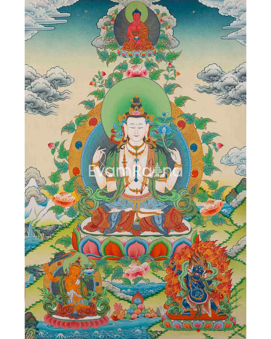 Original 4 Armed Chengrezig Thangka Painting