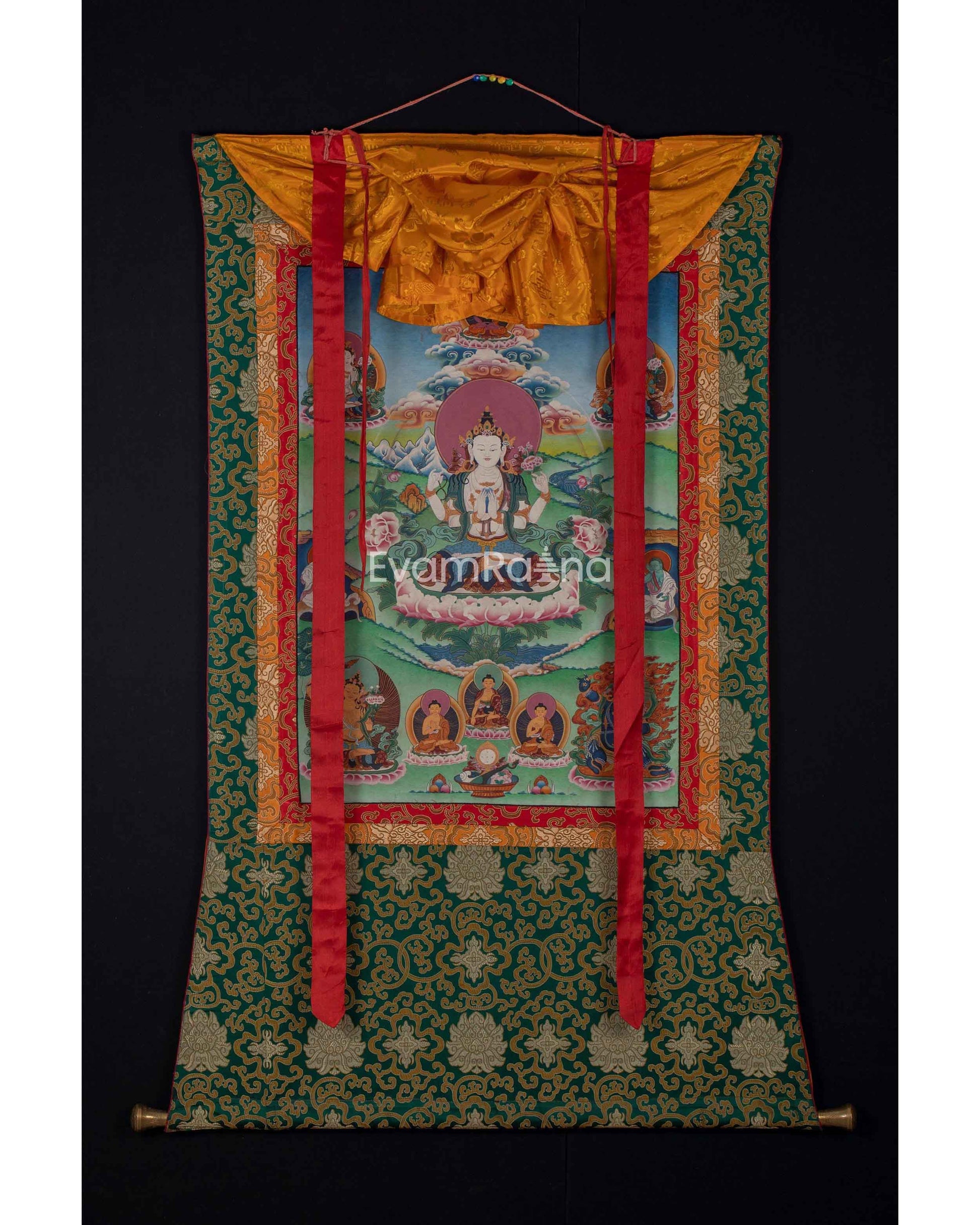 Original Vintage Chenrezig Thanka with Brocade