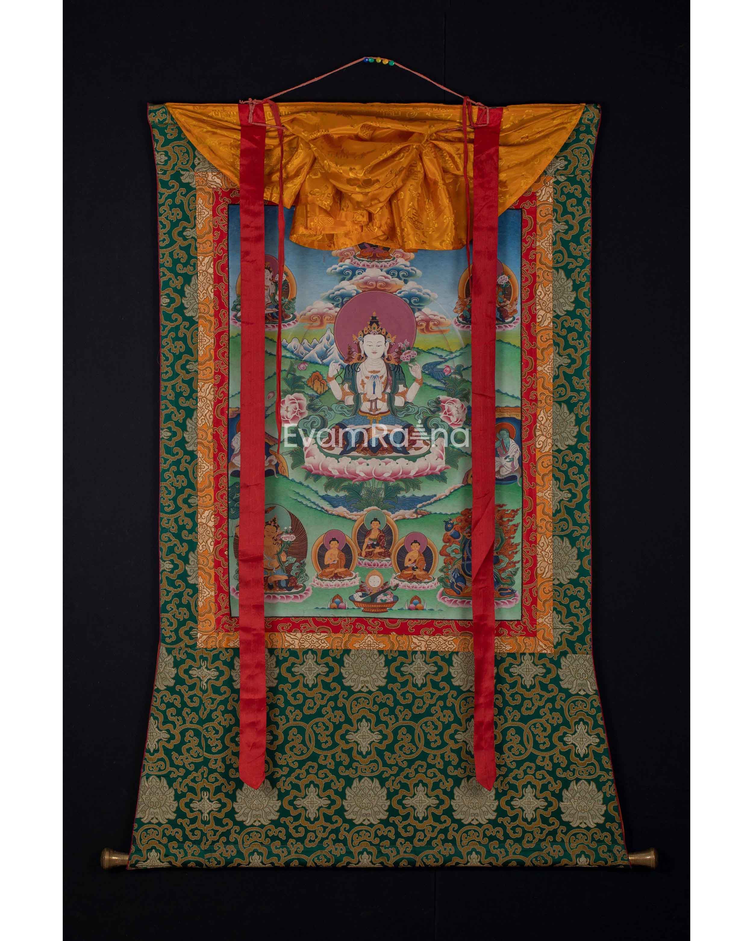 Original Vintage Chenrezig Thanka with Brocade