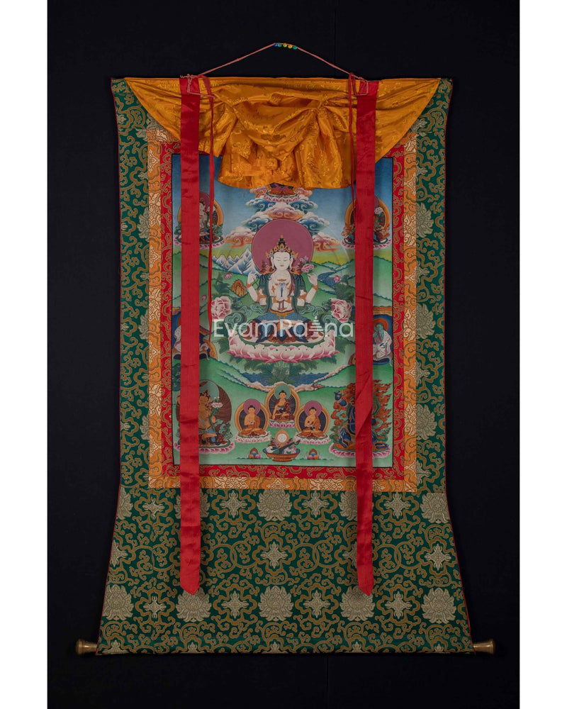 Original Vintage Chenrezig Thanka with Brocade