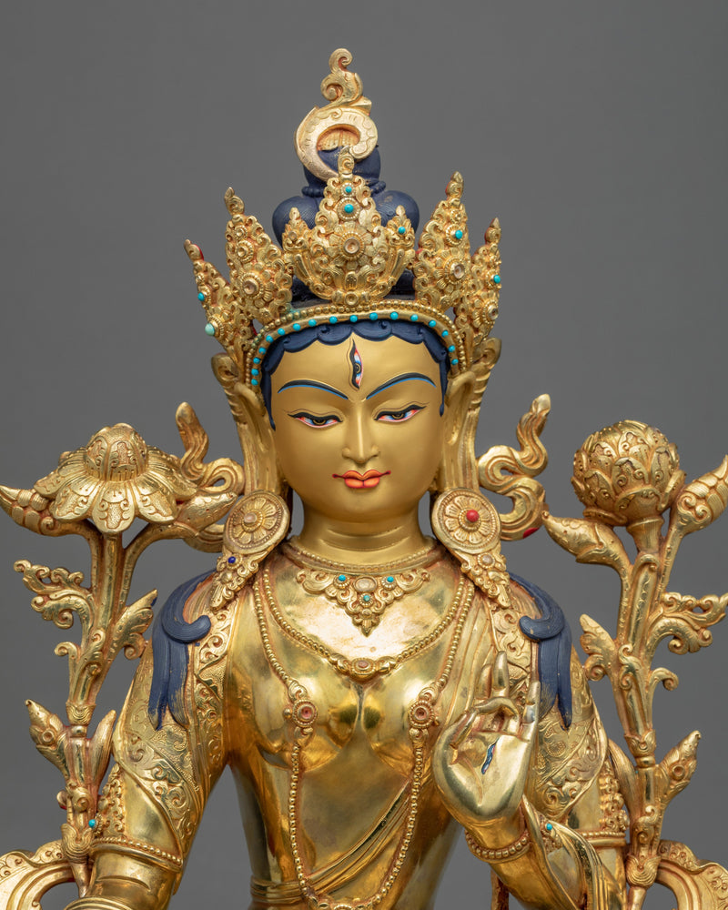 White Tara Symbolism Sculpture | Tibetan Art Plated with Gold