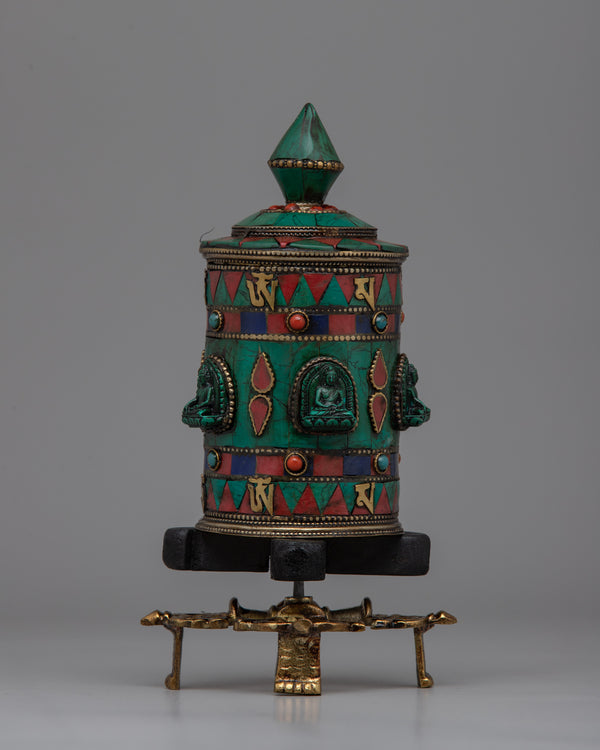 Prayer Wheel with Copper Body & Protective Stone Accents 