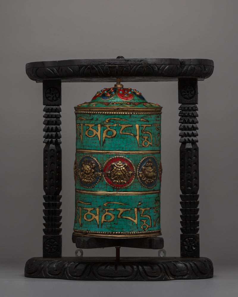 Sacred Wheel for Buddhist Practices | Handcrafted Tibetan Prayer Wheel with 8 Auspicious Symbols