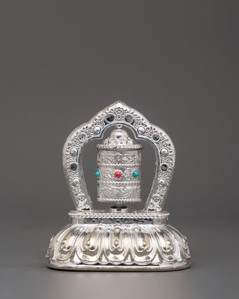 Tibetan Prayer Wheel with Turquoise & Coral Inlay