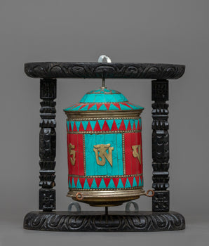 Turquoise, Coral Stones Inlaid Prayer Wheel