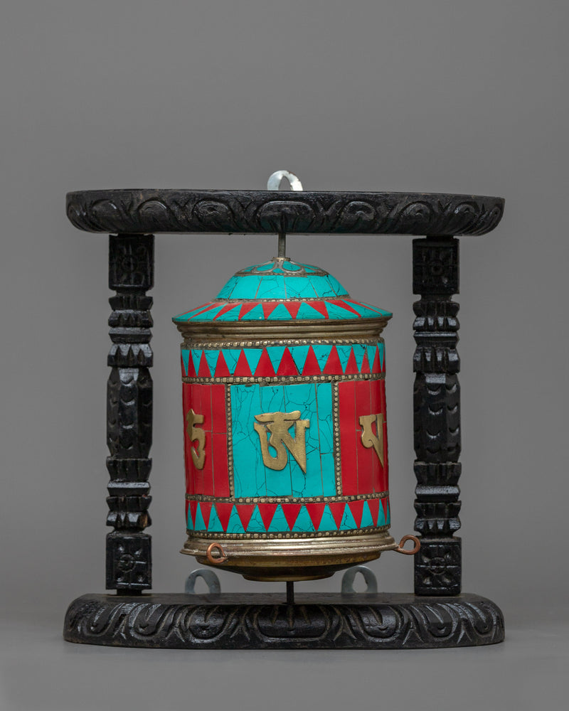 Turquoise, Coral Stones Inlaid Prayer Wheel