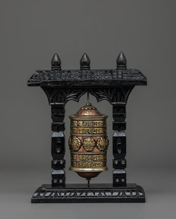Tibetan Prayer Wheel with Wooden Frame