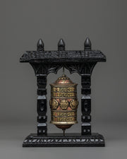 Tibetan Prayer Wheel with Wooden Frame