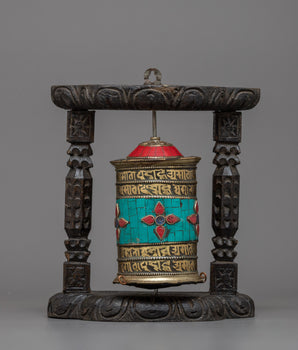 Brass Prayer Wheel on Wooden Frame