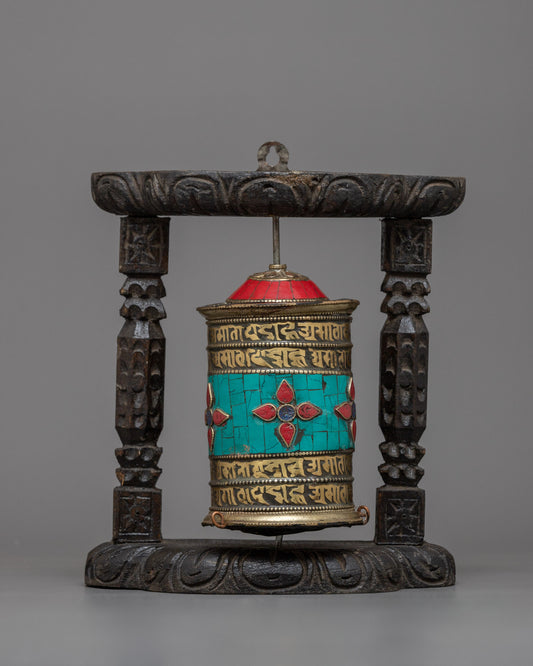 Brass Prayer Wheel on Wooden Frame