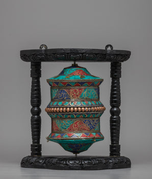 Handmade Tibetan Coral Red Copper Brass Table Top Prayer Wheel
