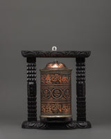 copper Tibetan Prayer Wheel in wood frame