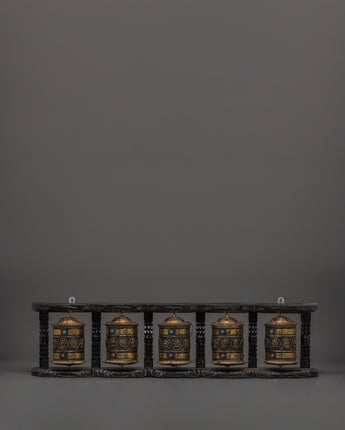 Five Tibetan Prayer Wheels on a Wooden Frame