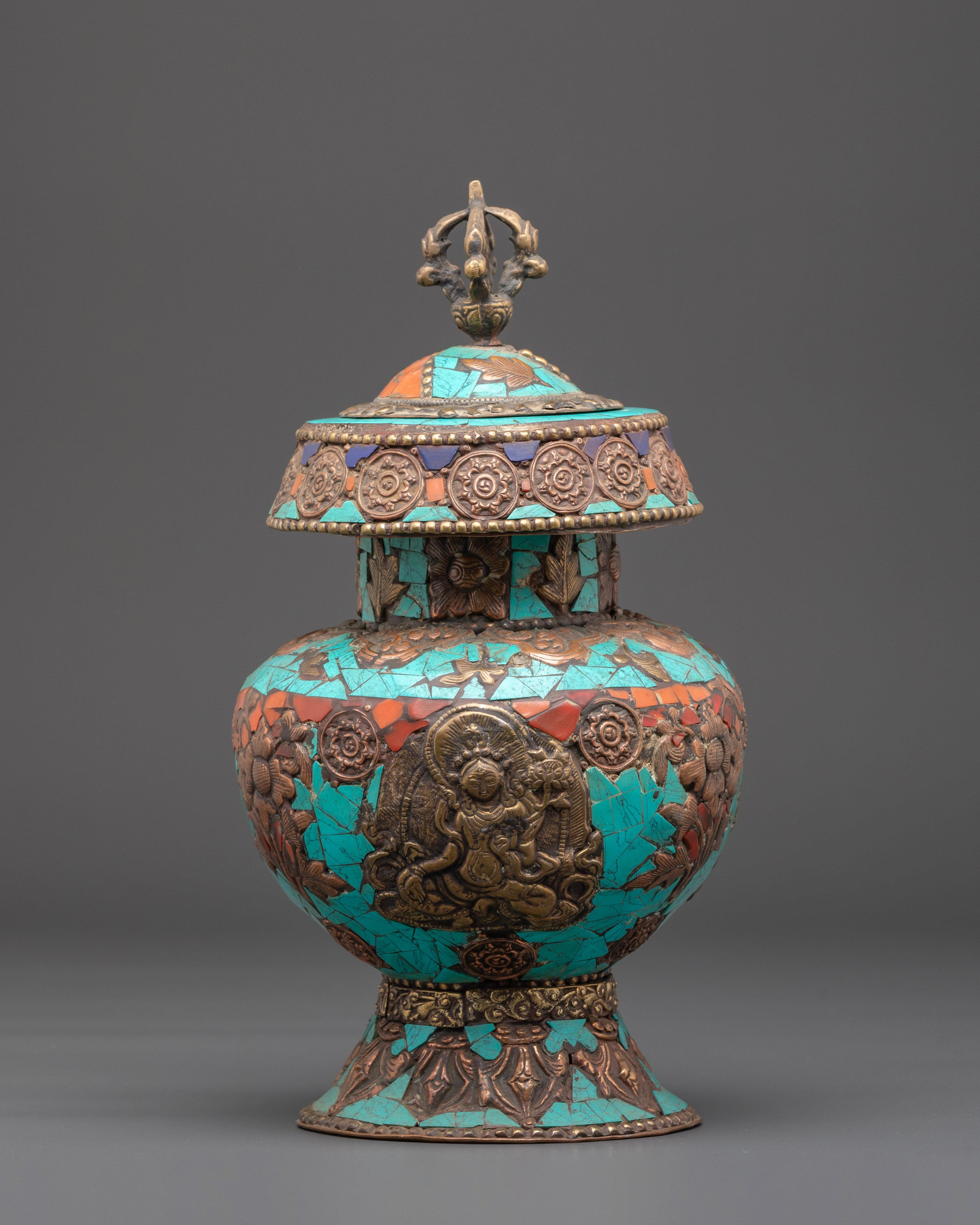 Copper Rice Pot with Turquoise and Coral Inlay | Symbol of Abundance and Prosperity