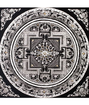 Silver Mantra Mandala Painting | Hand-Painted Mandala for Meditation